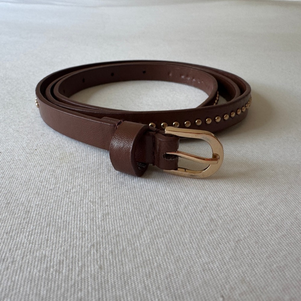 Brown Faux Leather Skinny Studded Belt Gold Horseshoe Buckle Slim Waist Belt